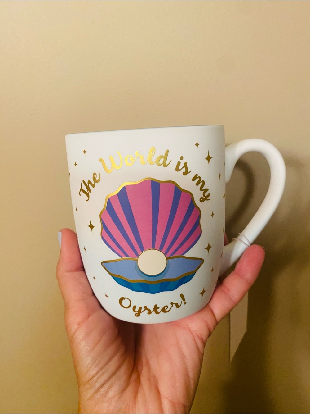Luna & Sage White Ceramic Mug with Pink & Blue Oyster Shell Design